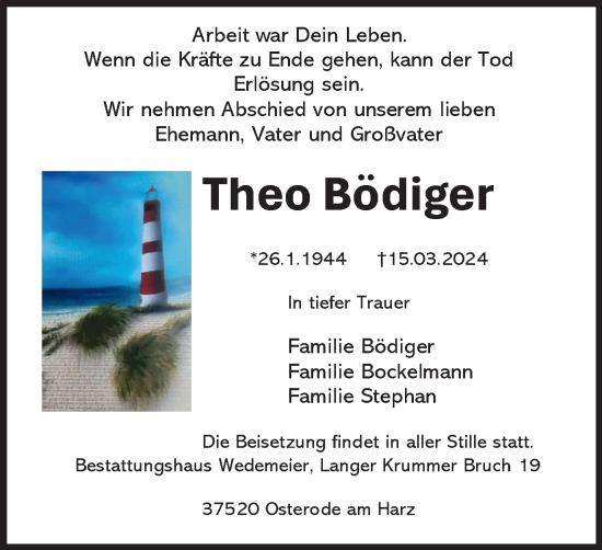 Traueranzeige von Theo Bödiger von Harz Kurier