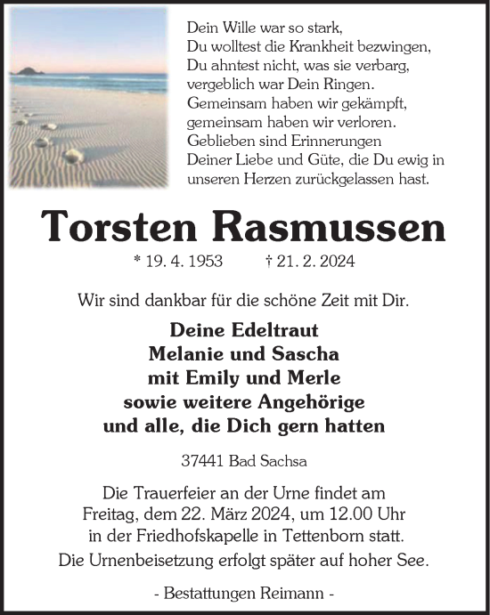 Traueranzeige von Torsten Rasmussen von Harz Kurier