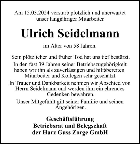 Traueranzeige von Ulrich Seidelmann von Harz Kurier