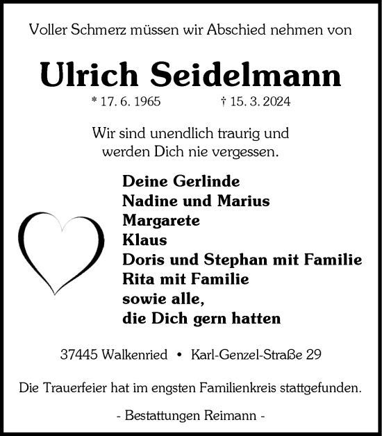 Traueranzeige von Ulrich Seidelmann von Harz Kurier