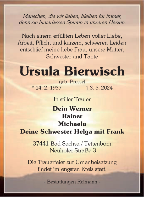 Traueranzeige von Ursula Bierwisch von Harz Kurier