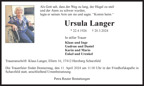 Traueranzeige von Ursula Langer von Harz Kurier