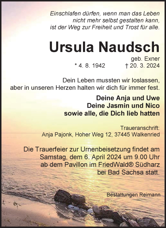 Traueranzeige von Ursula Naudsch von Harz Kurier