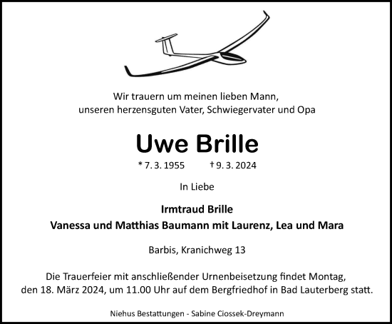 Traueranzeige von Uwe Brille von Harz Kurier