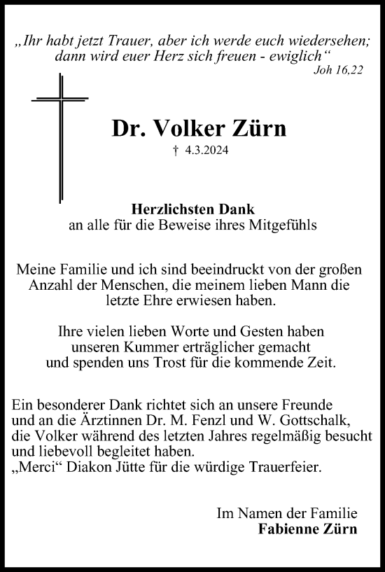 Traueranzeige von Volker Zürn von Harz Kurier