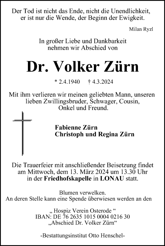 Traueranzeige von Volker Zürn von Harz Kurier