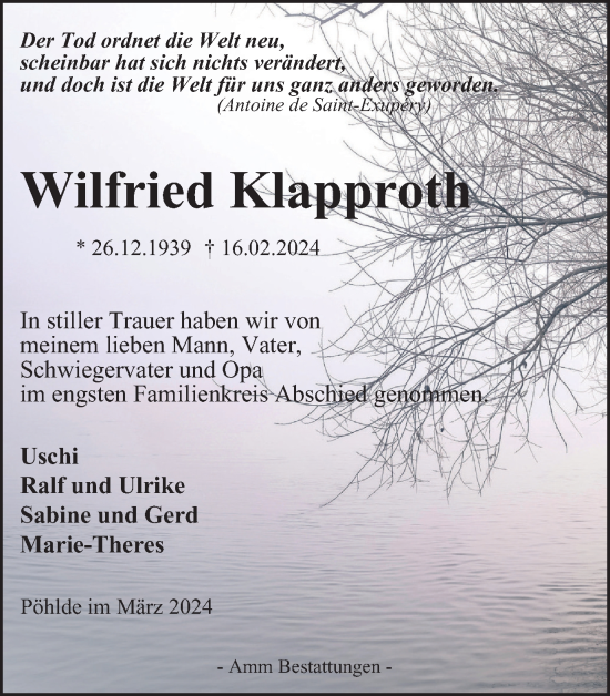 Traueranzeige von Wilfried Klapproth von Harz Kurier