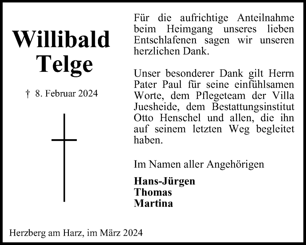  Traueranzeige für Willibald Telge vom 09.03.2024 aus Harz Kurier
