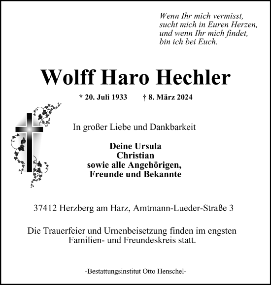 Traueranzeige von Wolff Haro Hechler von Harz Kurier