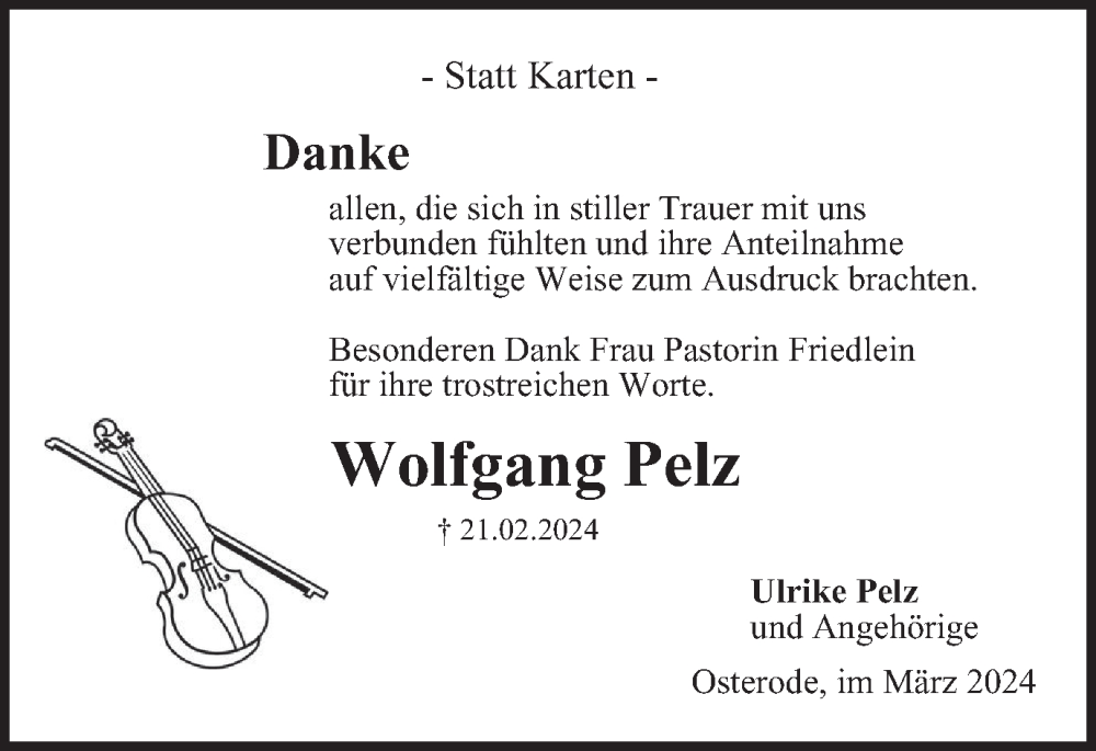  Traueranzeige für Wolfgang Pelz vom 23.03.2024 aus Harz Kurier