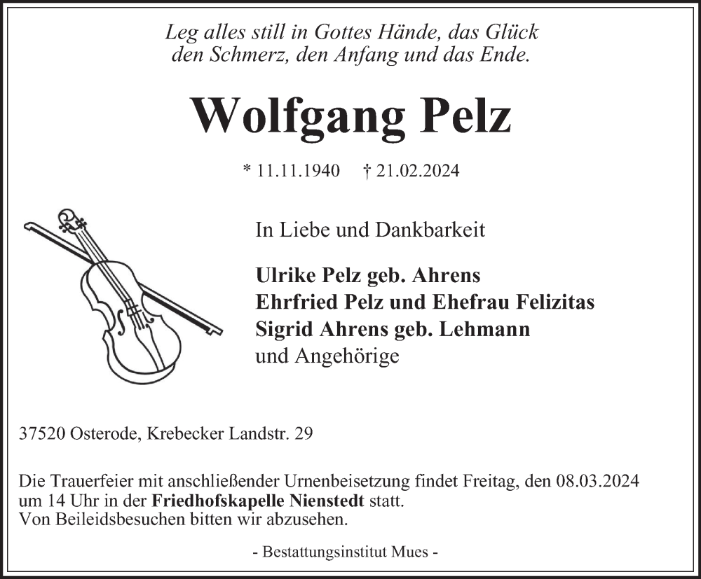  Traueranzeige für Wolfgang Pelz vom 05.03.2024 aus Harz Kurier
