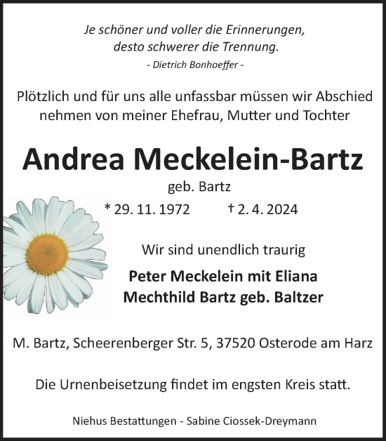 Traueranzeige von Andrea Meckelein-Bartz von Harz Kurier