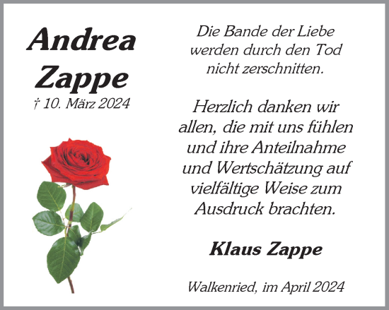 Traueranzeige von Andrea Zappe von Harz Kurier