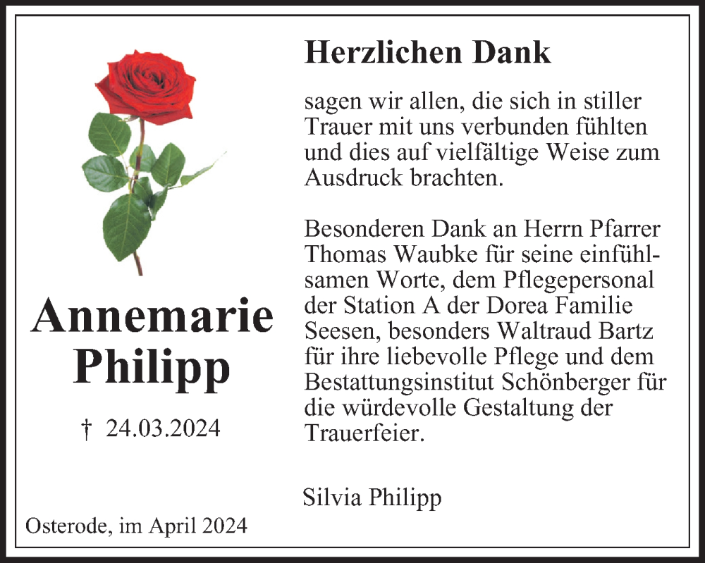  Traueranzeige für Annemarie Philipp vom 20.04.2024 aus Harz Kurier