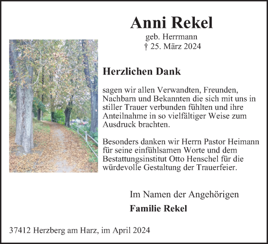 Traueranzeige von Anni Rekel von Harz Kurier