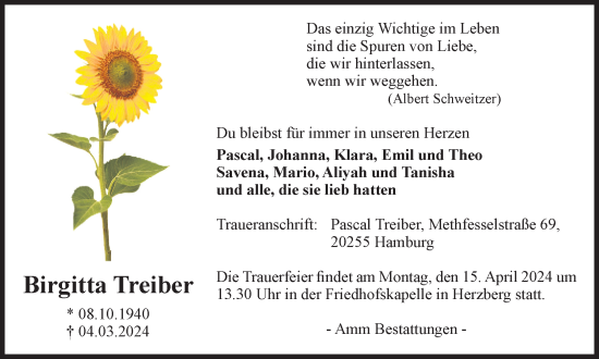 Traueranzeige von Birgitta Treiber von Harz Kurier