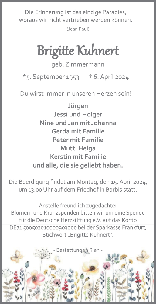Traueranzeige von Brigitte Kuhnert von Harz Kurier