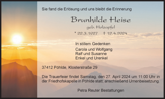 Traueranzeige von Brunhilde Heise von Harz Kurier