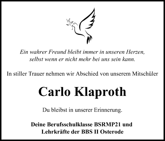 Traueranzeige von Carlo Klaproth von Harz Kurier