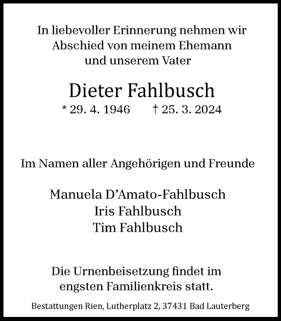 Traueranzeige von Dieter Fahlbusch von Harz Kurier