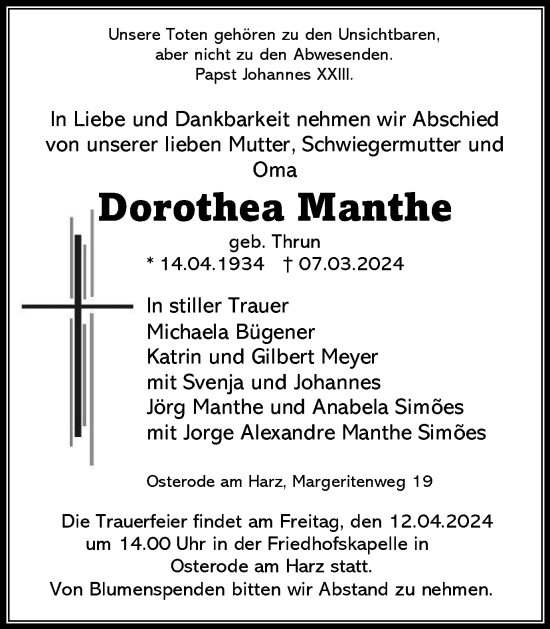 Traueranzeige von Dorothea Manthe von Harz Kurier