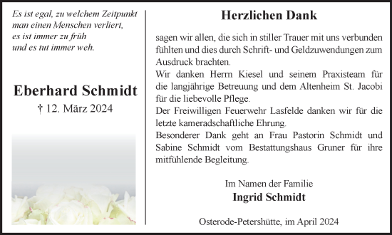 Traueranzeige von Eberhard Schmidt von Harz Kurier