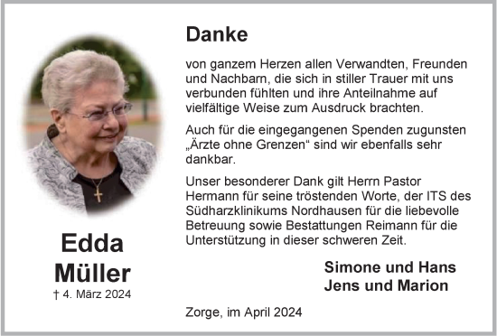 Traueranzeige von Edda Müller von Harz Kurier