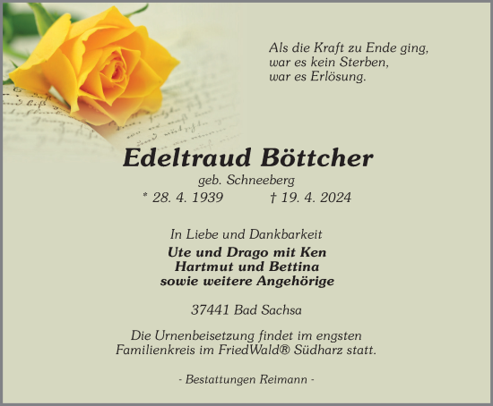 Traueranzeige von Edeltraud Böttcher von Harz Kurier