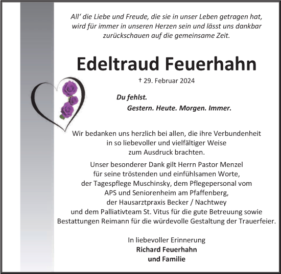 Traueranzeige von Edeltraud Feuerhahn von Harz Kurier