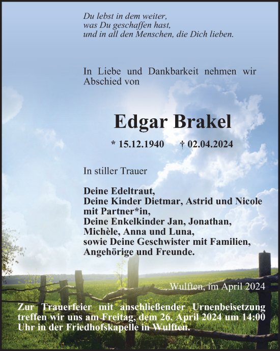 Traueranzeige von Edgar Brakel von Harz Kurier