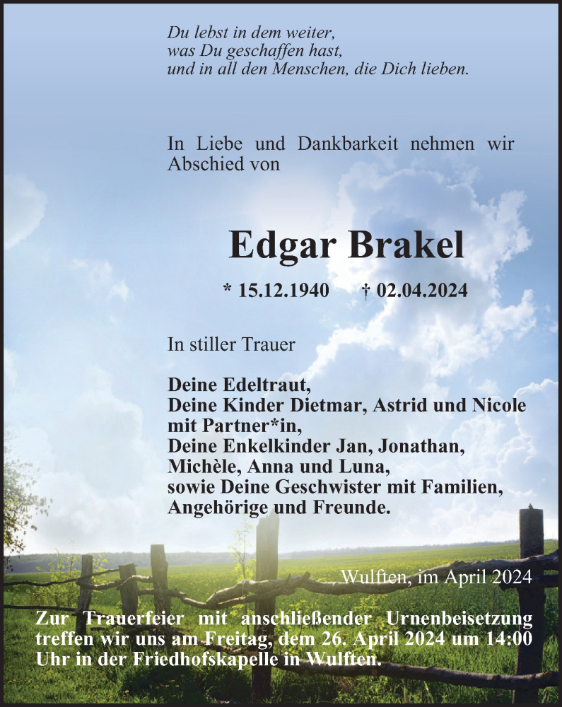  Traueranzeige für Edgar Brakel vom 13.04.2024 aus Harz Kurier