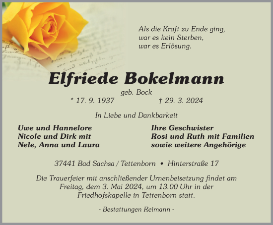 Traueranzeige von Elfriede Bokelmann von Harz Kurier