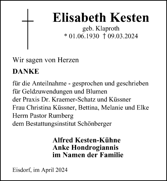 Traueranzeige von Elisabeth Kesten von Harz Kurier