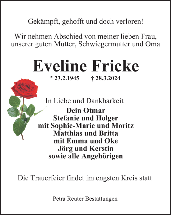 Traueranzeige von Eveline Fricke von Harz Kurier