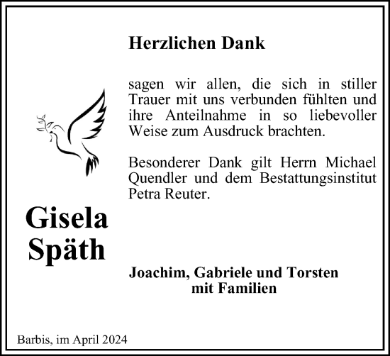 Traueranzeige von Gisela Späth von Harz Kurier