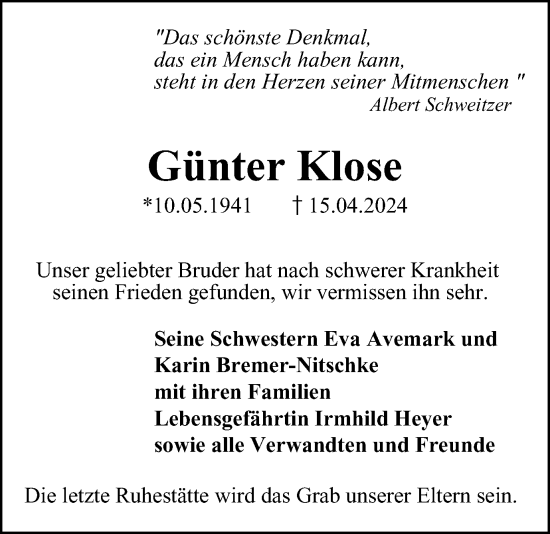Traueranzeige von Günter Klose von Harz Kurier