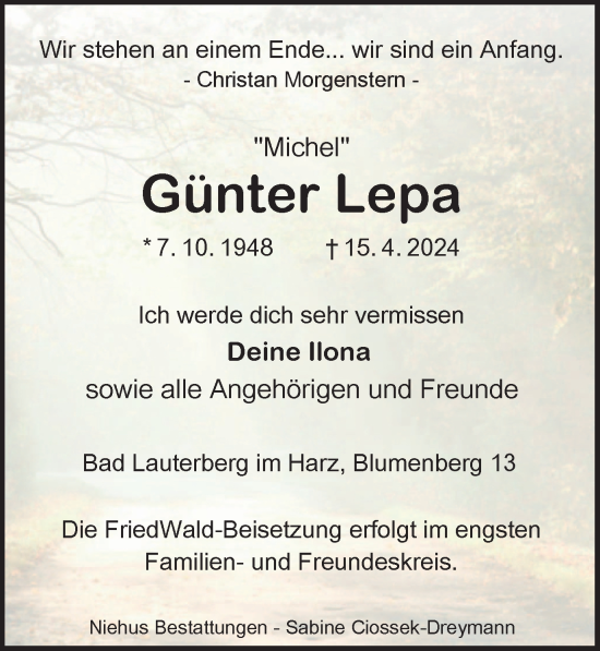 Traueranzeige von Günter Lepa von Harz Kurier