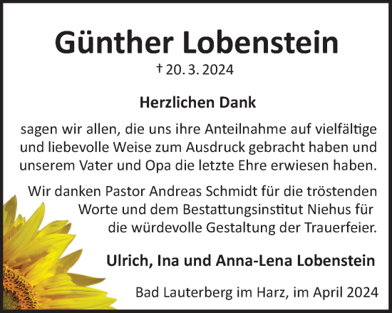 Traueranzeige von Günther Lobenstein von Harz Kurier