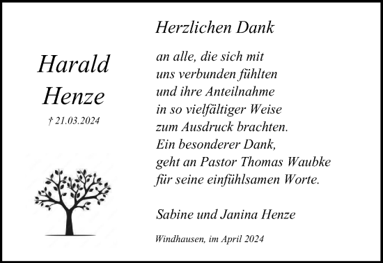 Traueranzeige von Harald Henze von Harz Kurier