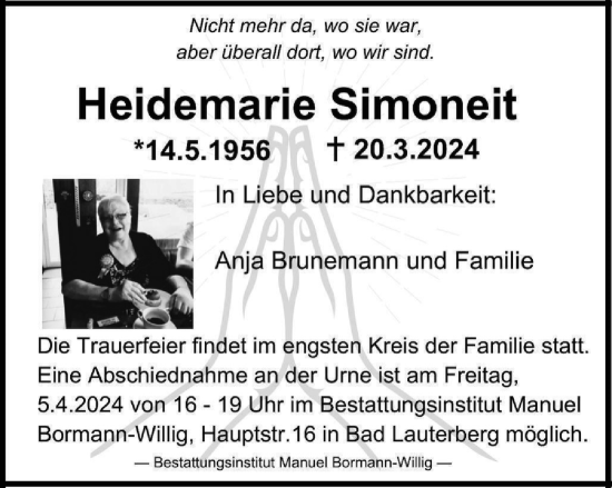 Traueranzeige von Heidemarie Simoneit von Harz Kurier