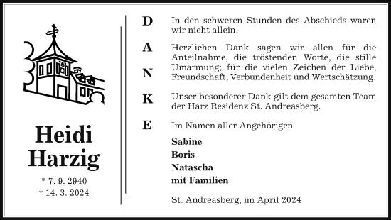 Traueranzeige von Heidi Harzig von Harz Kurier