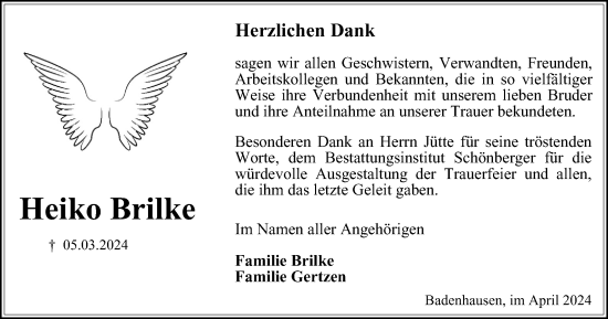 Traueranzeige von Heiko Brilke von Harz Kurier