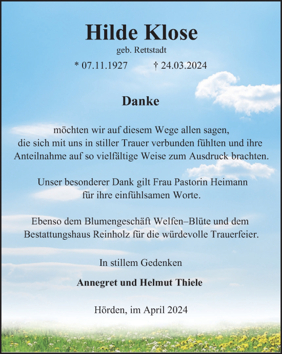Traueranzeige von Hilde Klose von Harz Kurier