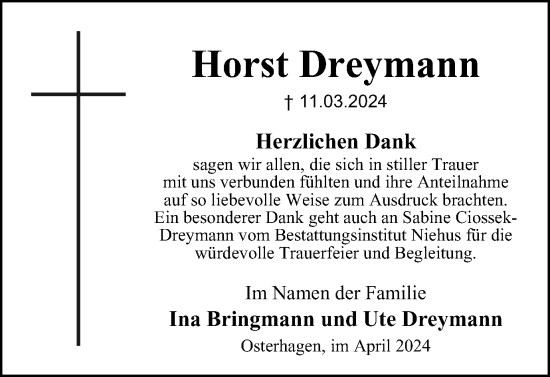 Traueranzeige von Horst Dreymann von Harz Kurier