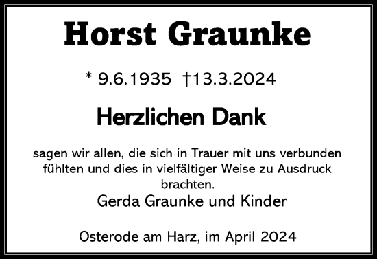 Traueranzeige von Horst Graunke von Harz Kurier
