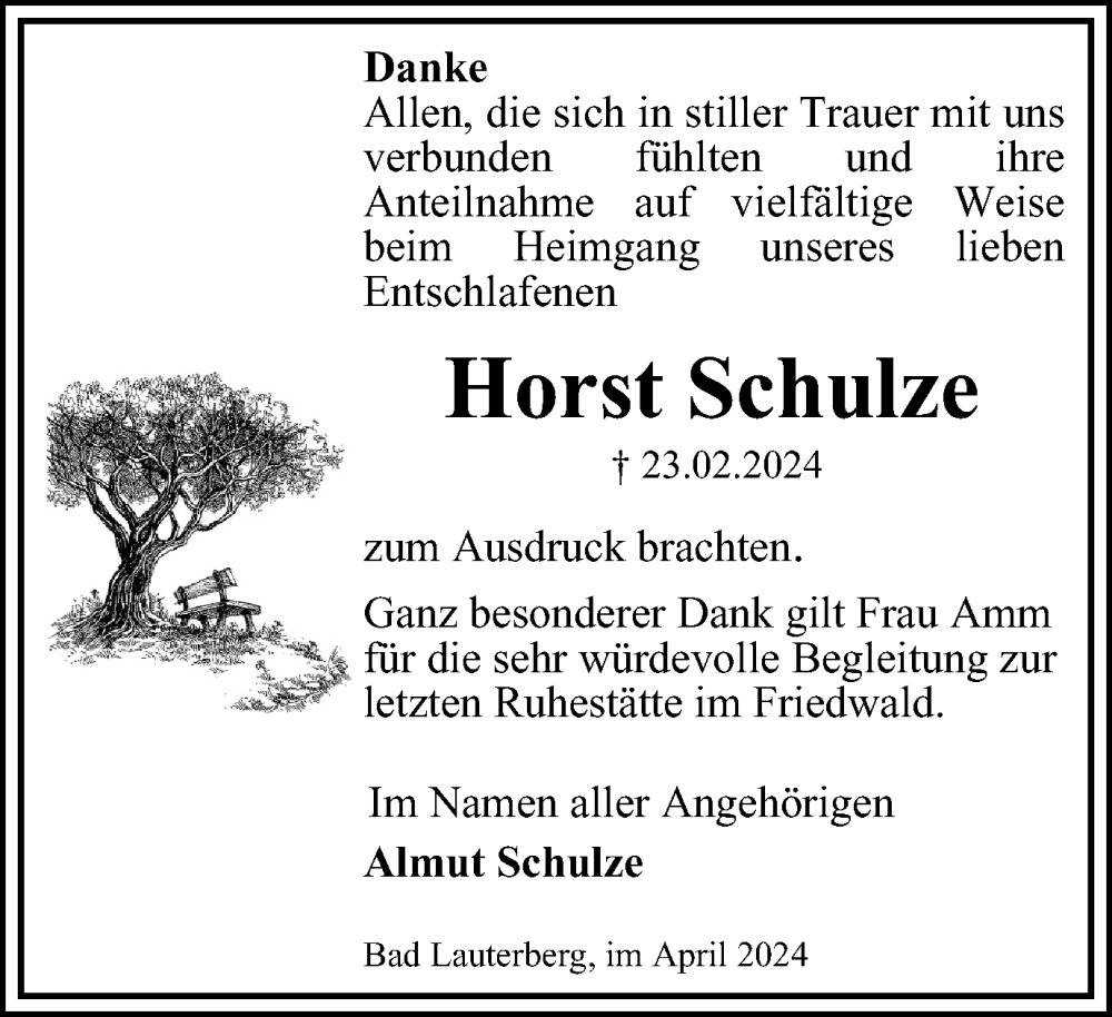  Traueranzeige für Horst Schulze vom 13.04.2024 aus Harz Kurier
