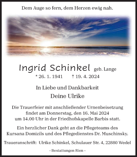 Traueranzeige von Ingrid Schinkel von Harz Kurier