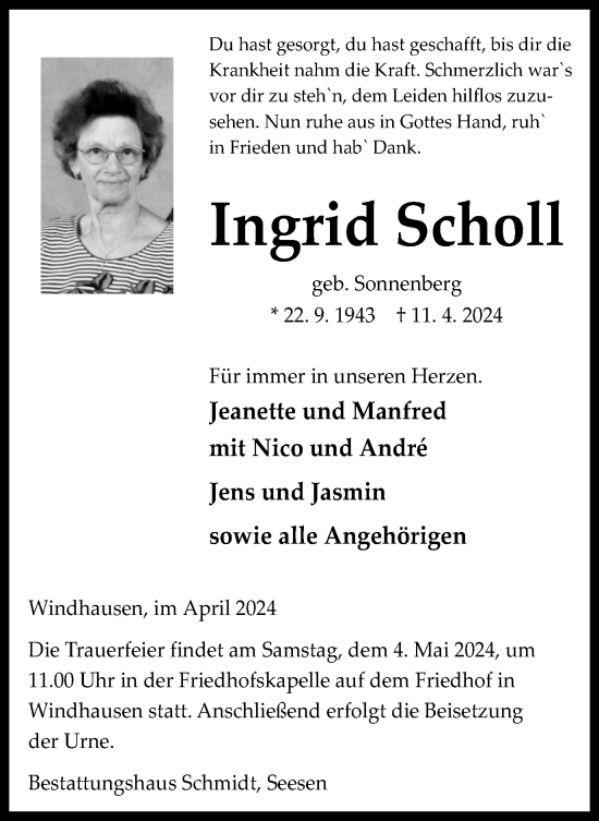 Traueranzeige von Ingrid Scholl von Harz Kurier
