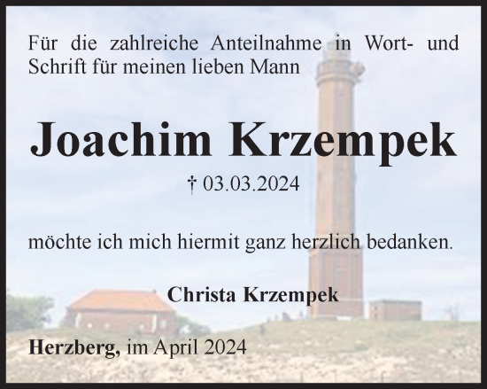Traueranzeige von Joachim Krzempek von Harz Kurier