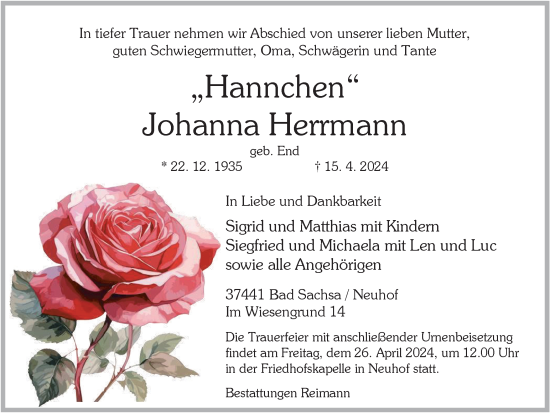 Traueranzeige von Johanna Herrmann von Harz Kurier